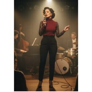 Vintage Airport Red Knit Sweater Lace Sleeves Size L – Excellent Condition